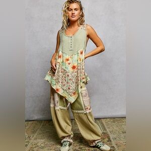 POL Round Neck Ribbed Tank with Woven Print Patch